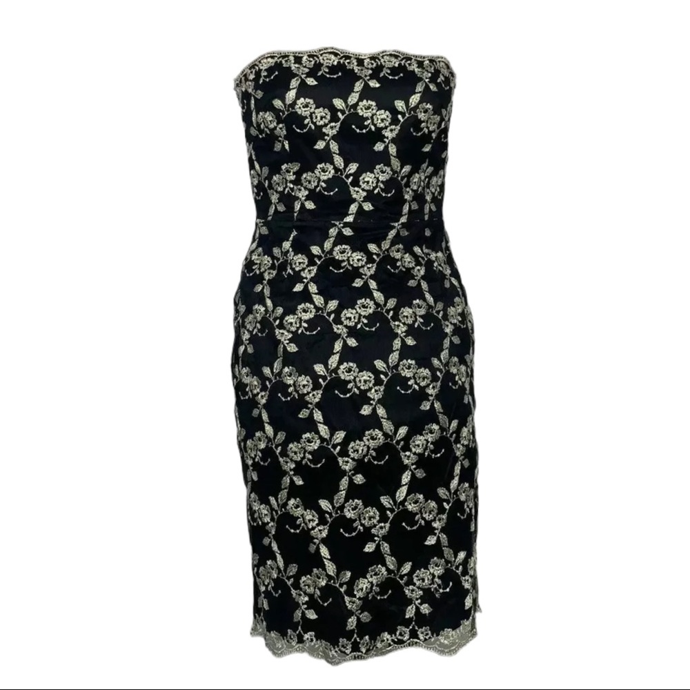 Escada Strapless Chiffon Dress Floral Gold Embroidery US 8